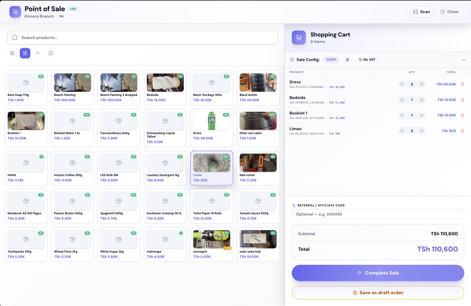 The Kuzo point-of-sale screen: product grid on the left, shopping cart with six items and a TSh 110,600 total on the right