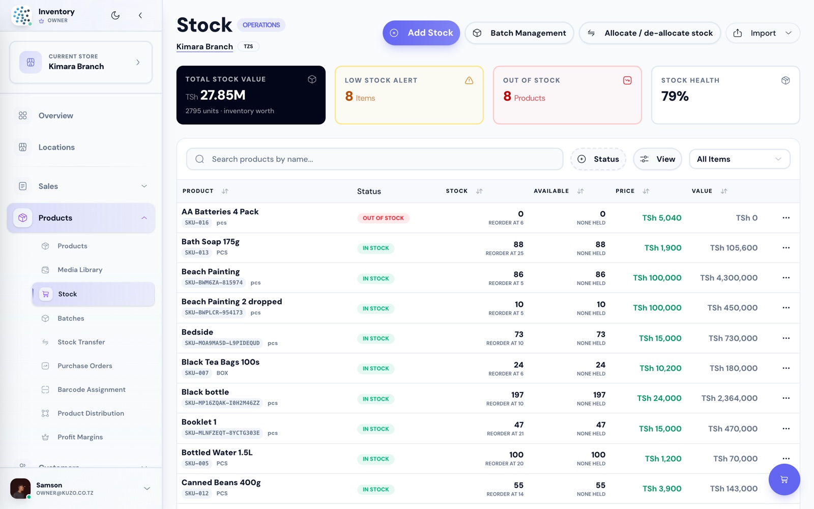 The Kuzo stock screen showing live quantities, reorder points and stock value