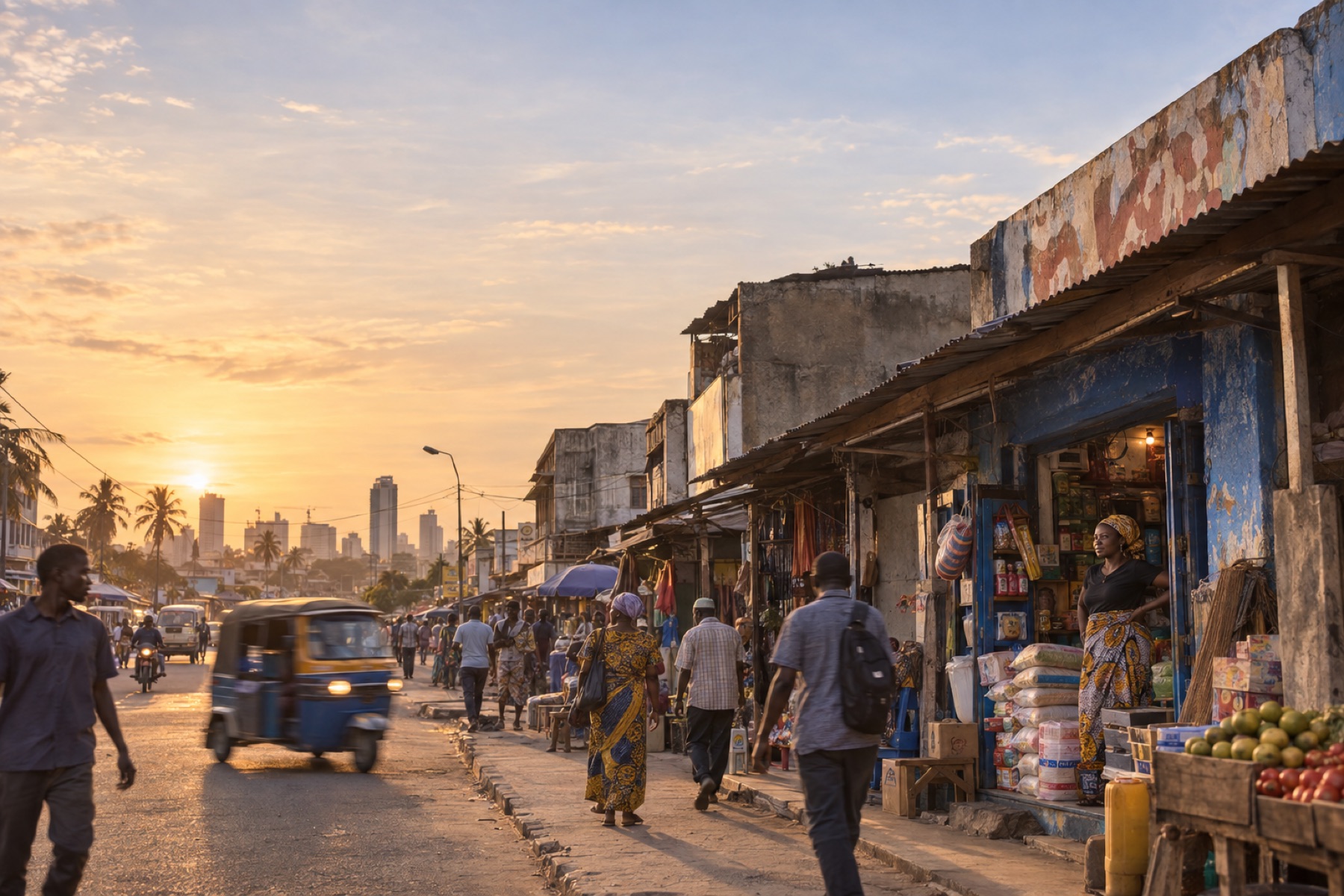 Shopkeepers on a busy trading street in Dar es Salaam at golden hour