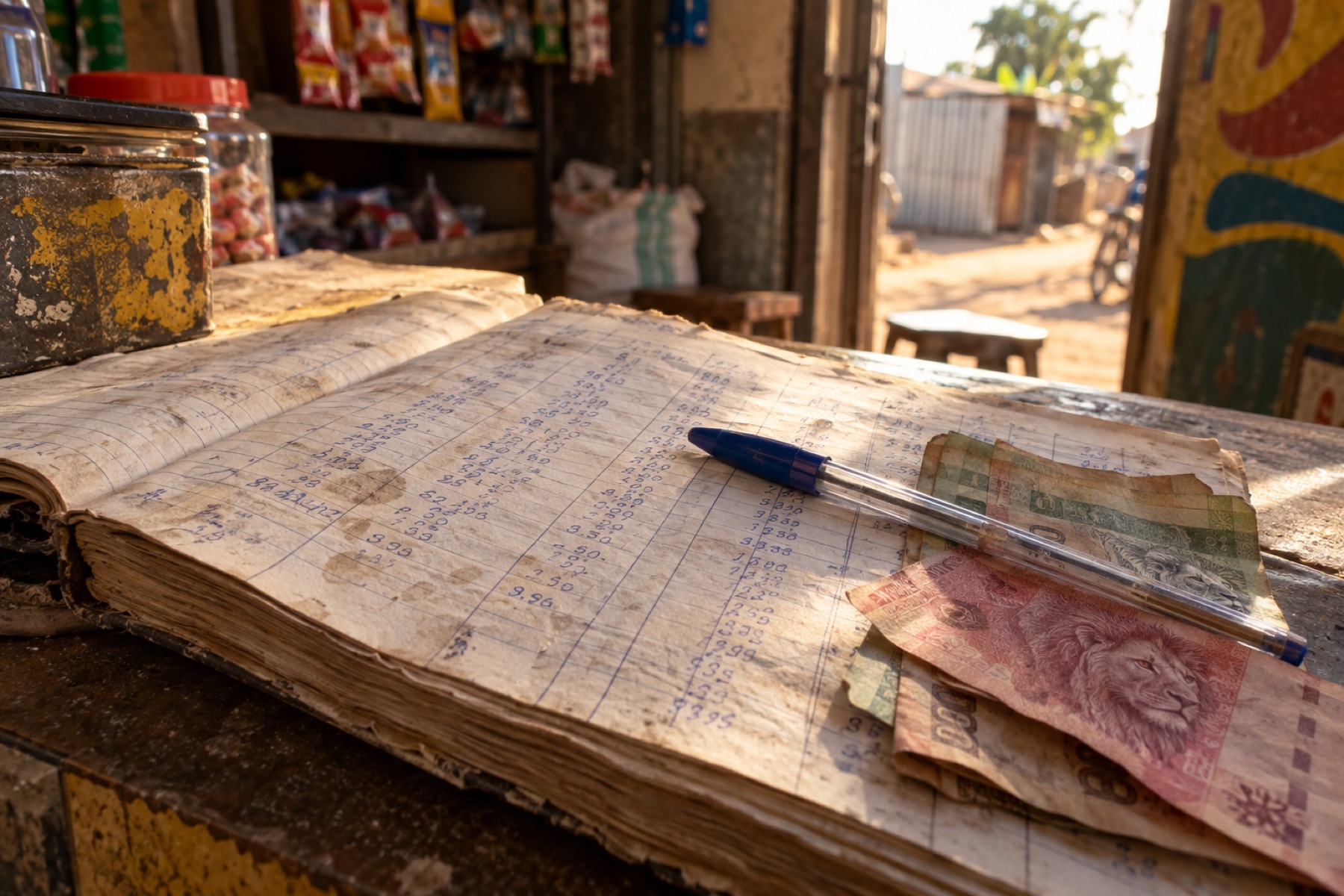 A worn handwritten sales ledger on a shop counter, columns of figures in blue biro