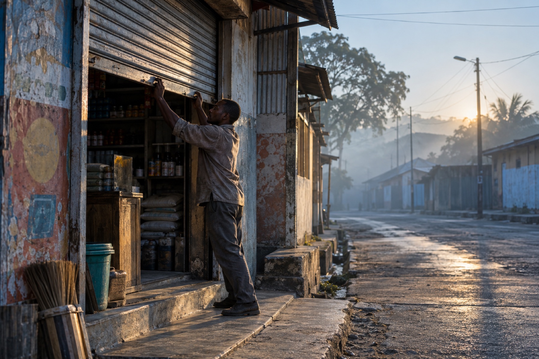 A shopkeeper raising the roller shutter of a small shop at first light