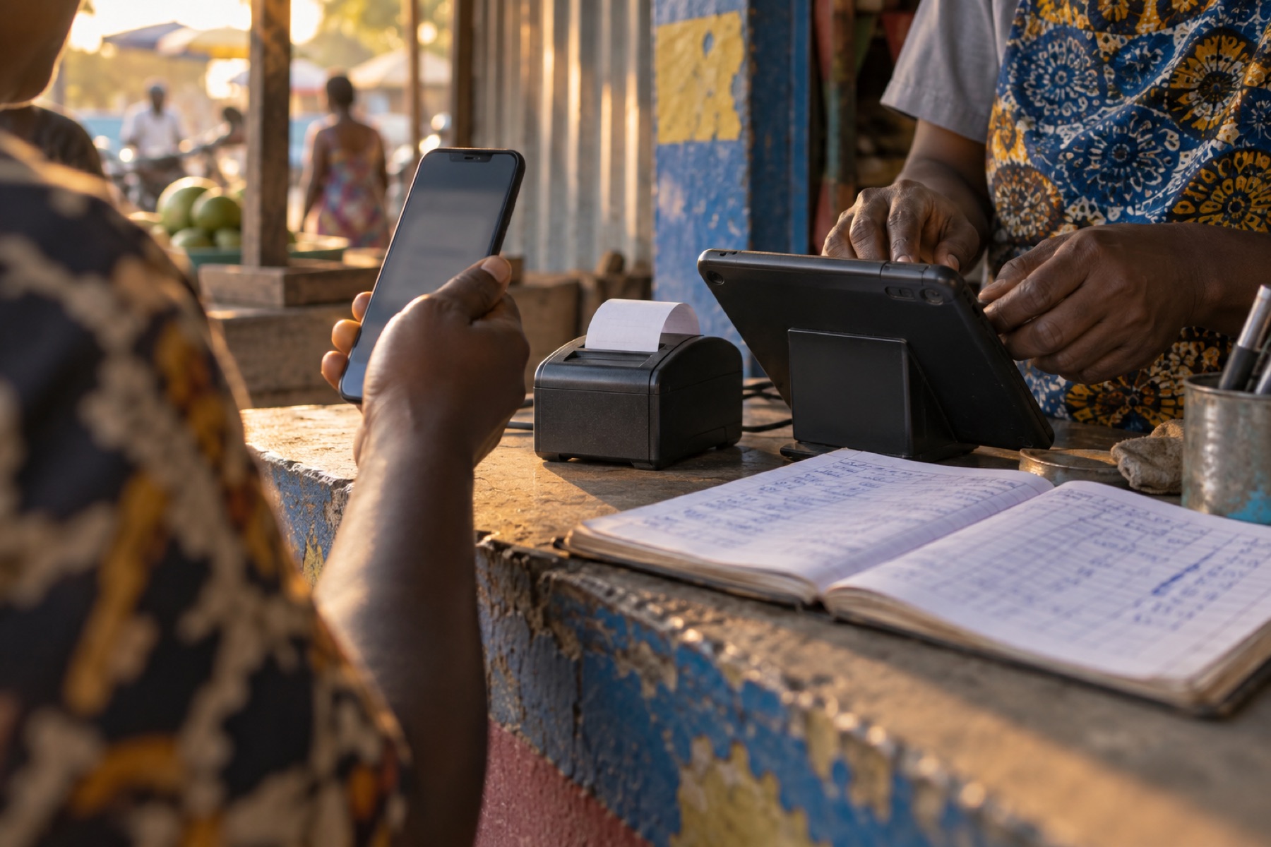 A customer paying by mobile money at a shop counter while the shopkeeper records the sale on a tablet