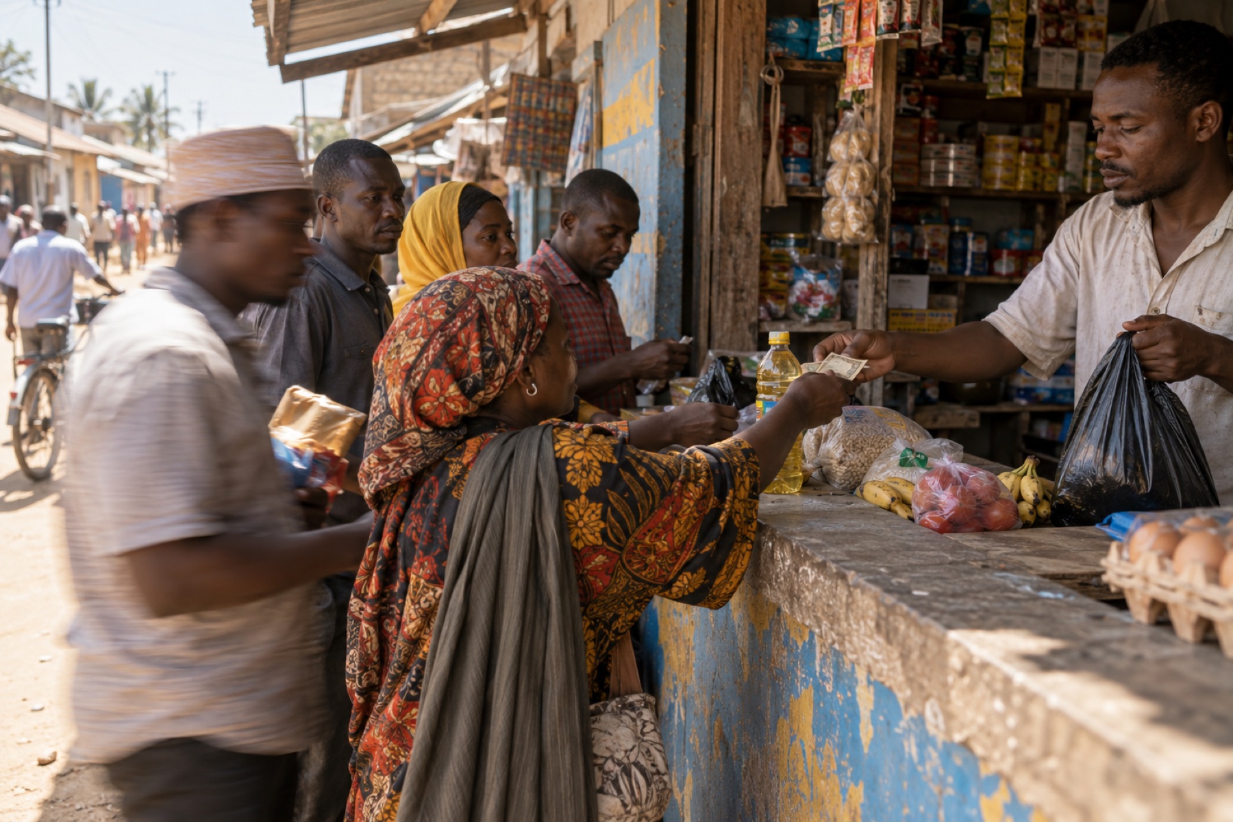 A midday queue of customers at a small shop counter, money and goods changing hands