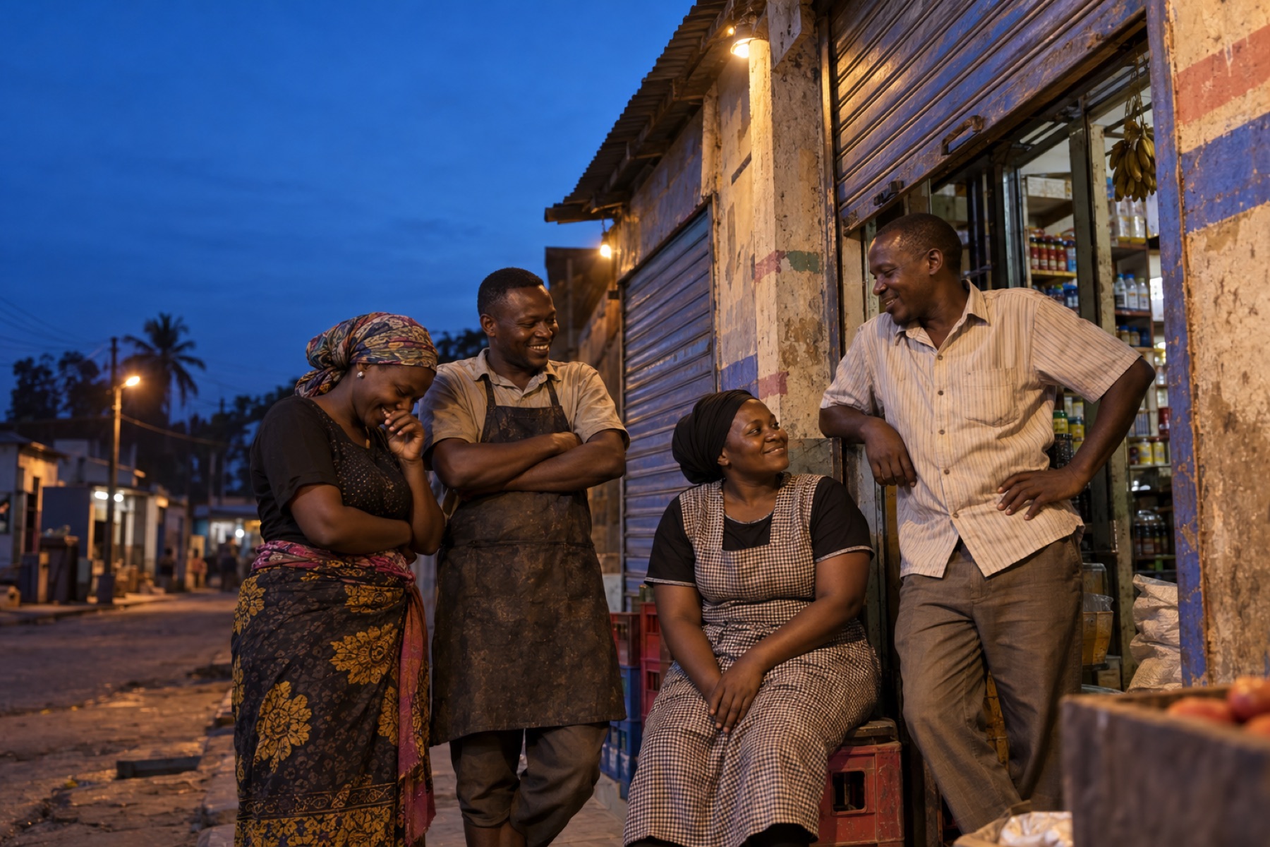 Shop staff and their owner standing together at the entrance of their store at dusk